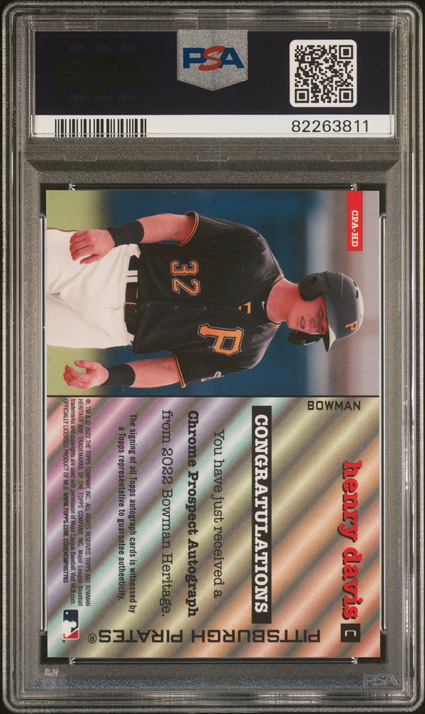 2022 Bowman Heritage Chrome Prospect Autographs Henry Davis #CPAHD PSA 10