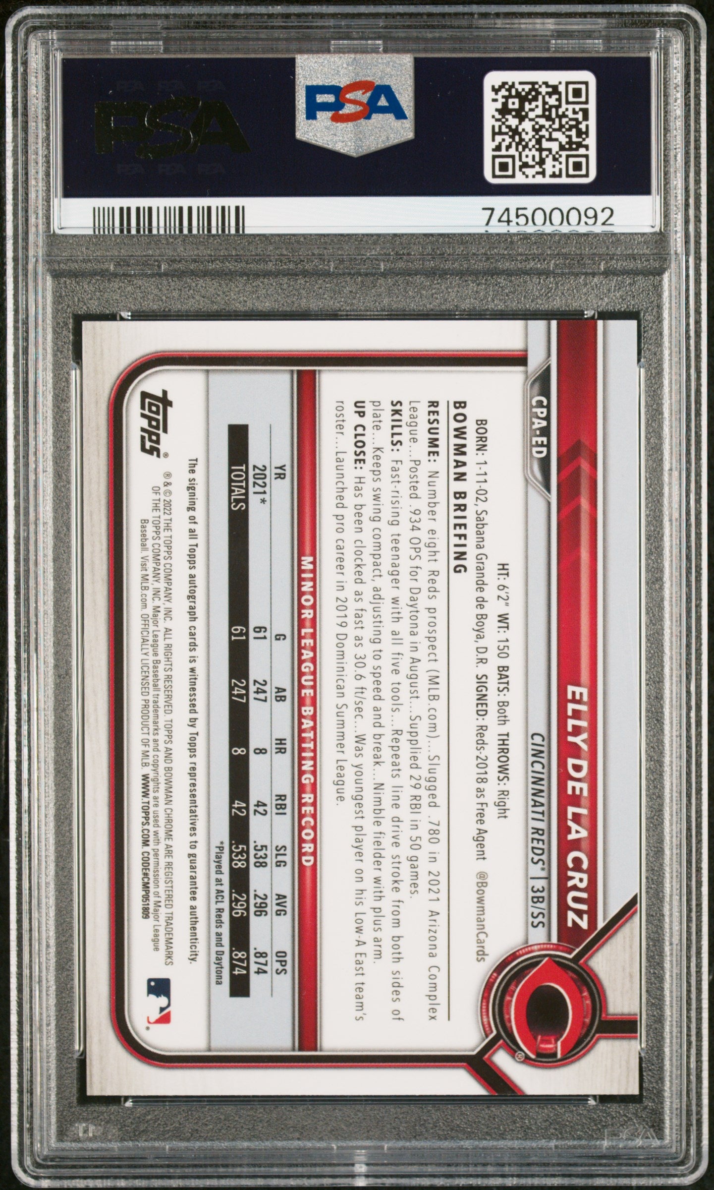 2022 Bowman Chrome Prospect Autographs Elly De La Cruz #CPAED PSA 10