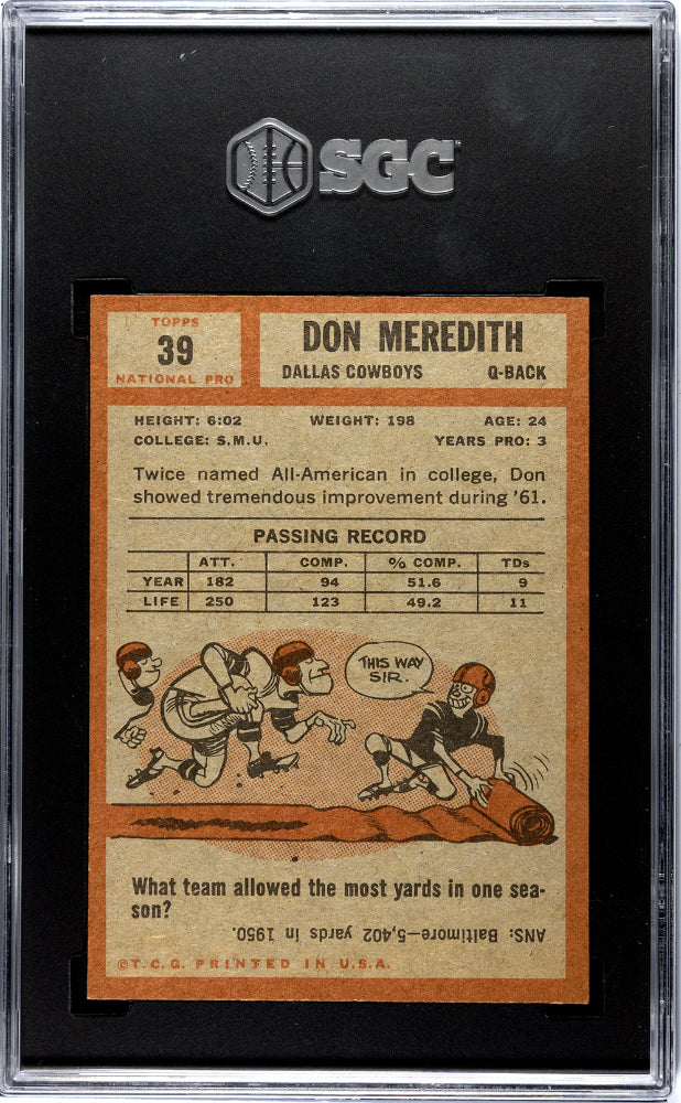 1962 Topps Don Meredith #39 SGC 6