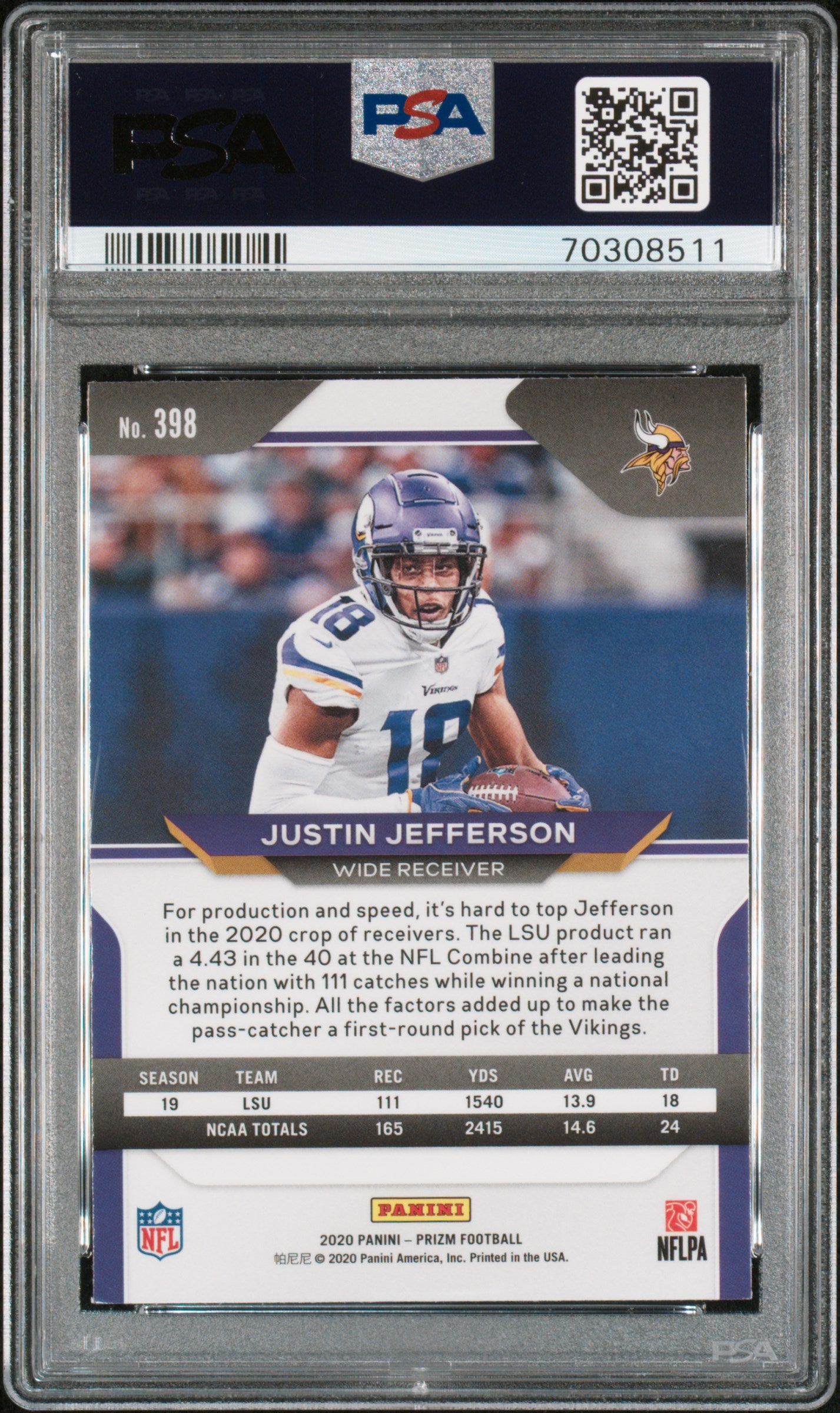 2020 Panini Prizm Justin Jefferson #398 PSA 10