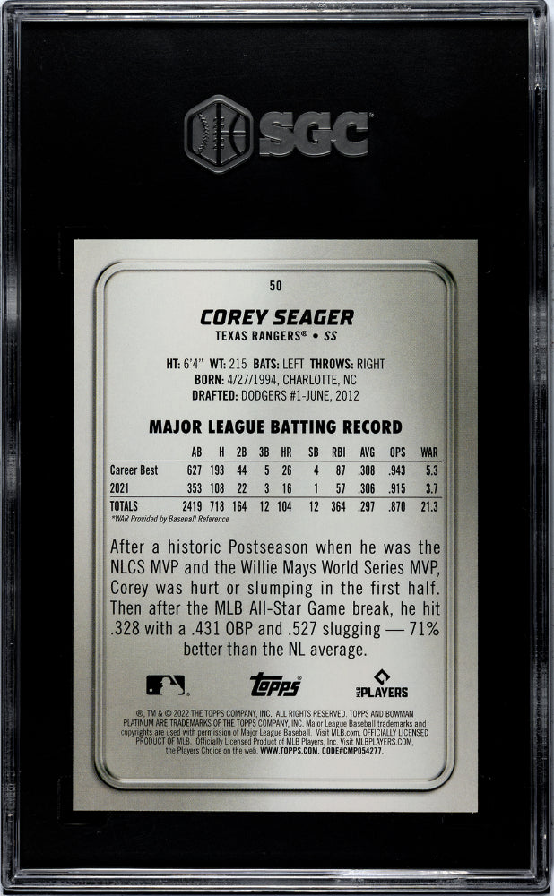 2022 Bowman Platinum Corey Seager #50 SGC 10